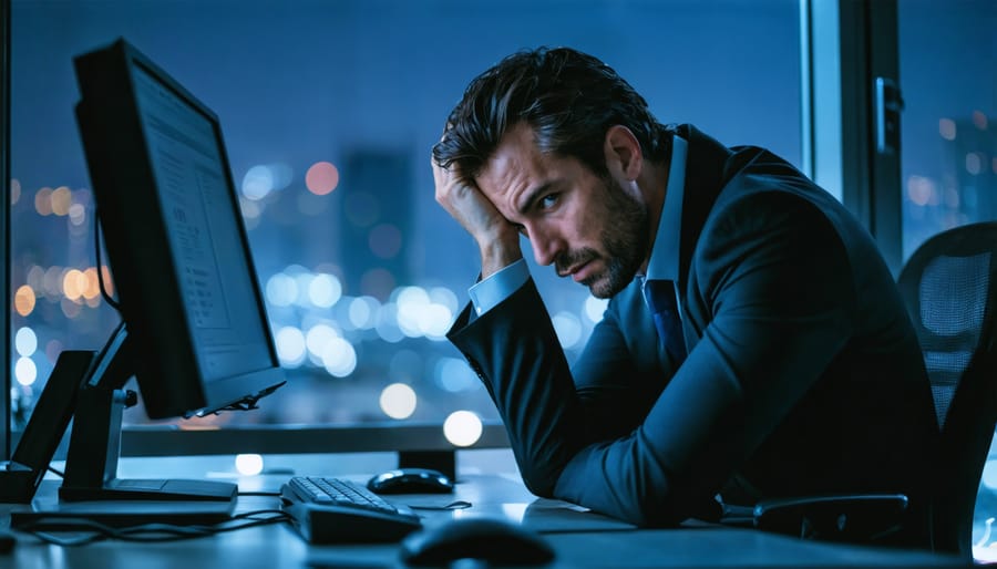 Tired man in business attire working late with visible signs of sleep deprivation