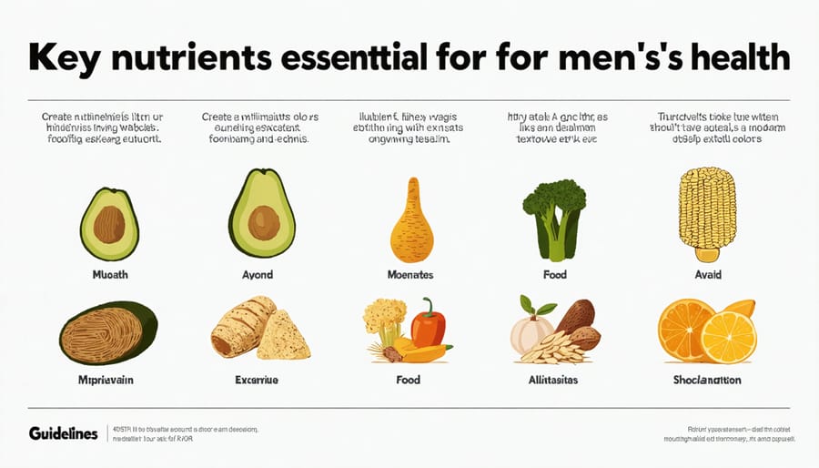 Illustration of essential nutrients for men including protein, zinc, vitamin D, and their food sources