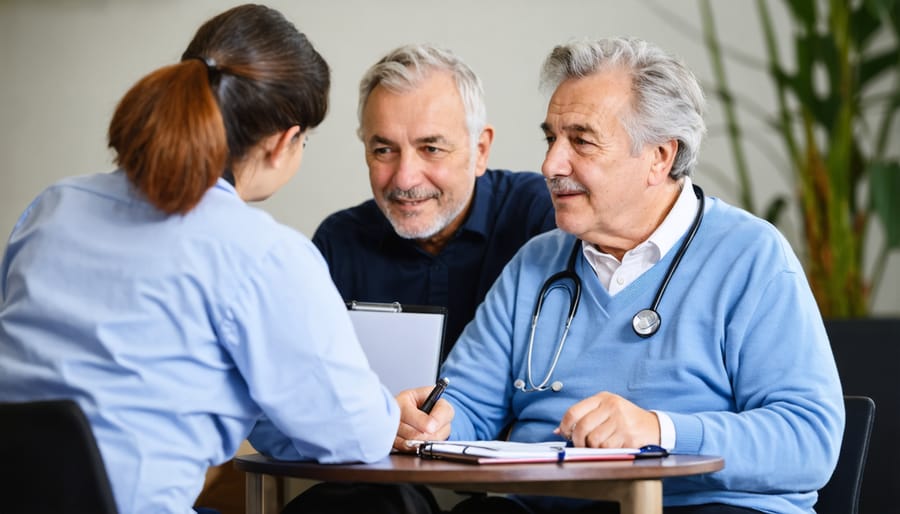 Senior men and women receiving mental health consultation in a medical setting