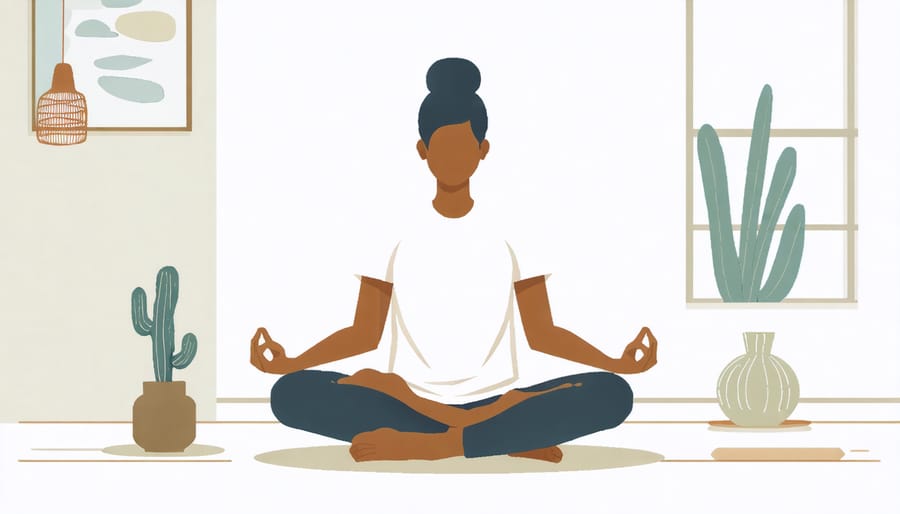 Individual sitting cross-legged on floor practicing meditation and wellness exercises