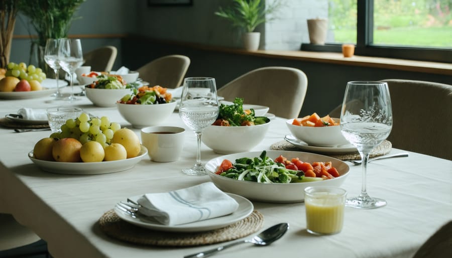 Serene mindful eating environment featuring a clean table setting with natural elements