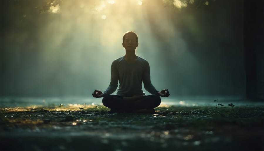 Individual meditating in peaceful environment with calming ambient light