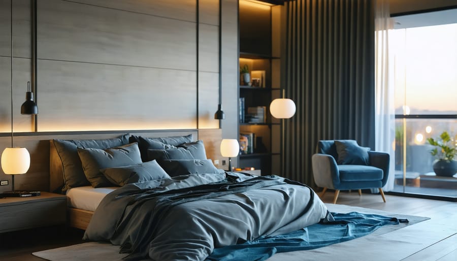 Bedroom with sleep-promoting warm lighting and blackout curtains for optimal rest