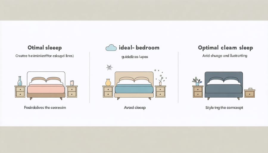 Illustrated bedroom layout highlighting sleep-promoting elements like temperature, lighting, and bed positioning