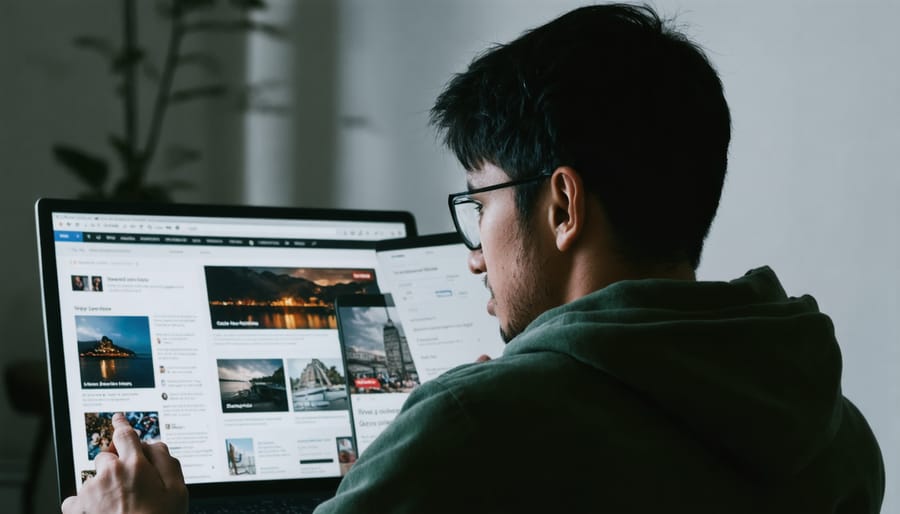 Individual displaying stress while viewing pandemic-related news on tablet