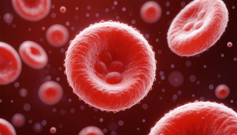 Microscopic image showing densely packed red blood cells in a blood sample from a PV patient