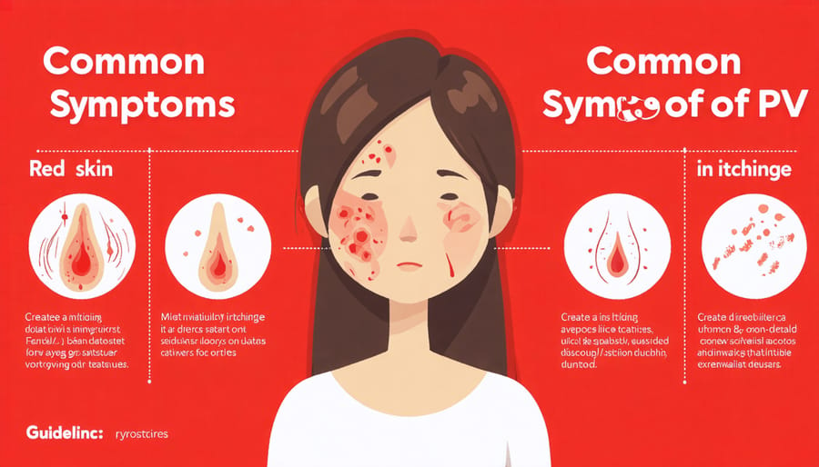 Illustrated diagram displaying key symptoms of Polycythemia Vera with human figure