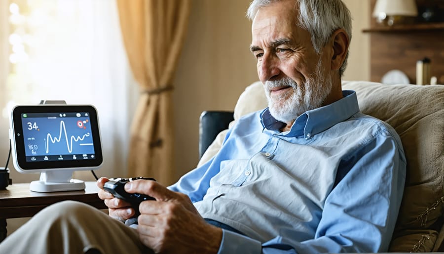 Elderly person using blood pressure monitor and health tracking devices connected to smartphone