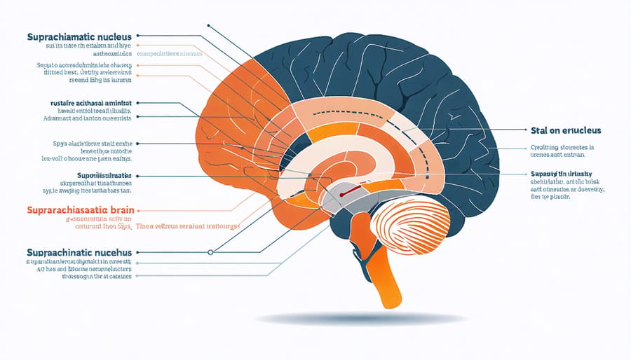 Cross-section diagram of human brain highlighting the suprachiasmatic nucleus (SCN) and its connections