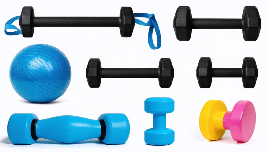 Essential strength training equipment arranged neatly showing starter gear for seniors