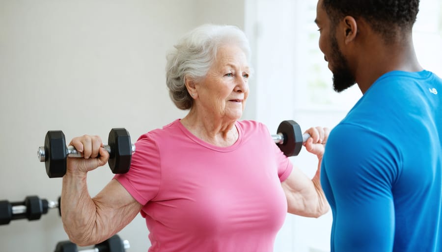 Senior woman lifting light dumbbells with correct posture while a fitness trainer guides her