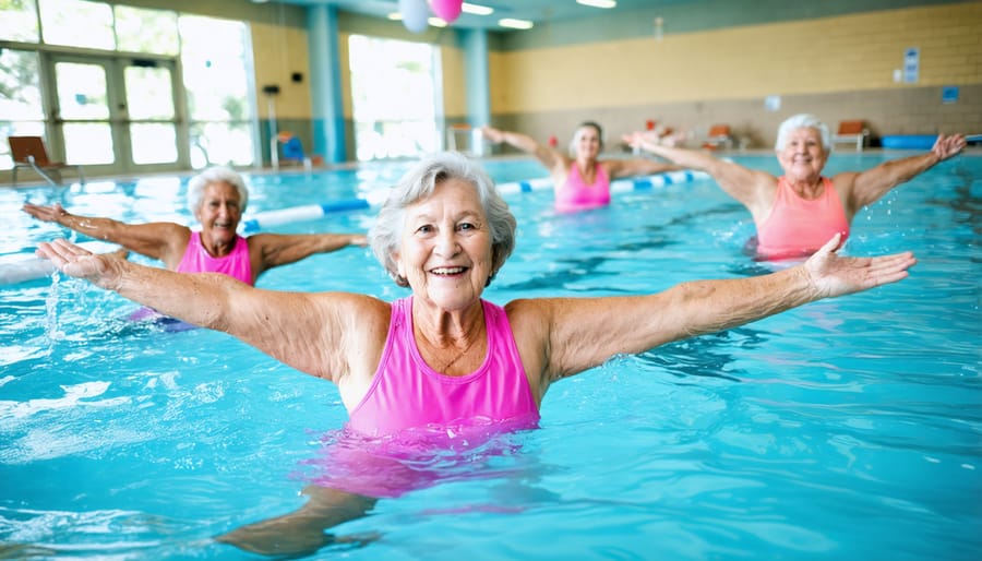 Senior adults performing water aerobics exercises in a swimming pool