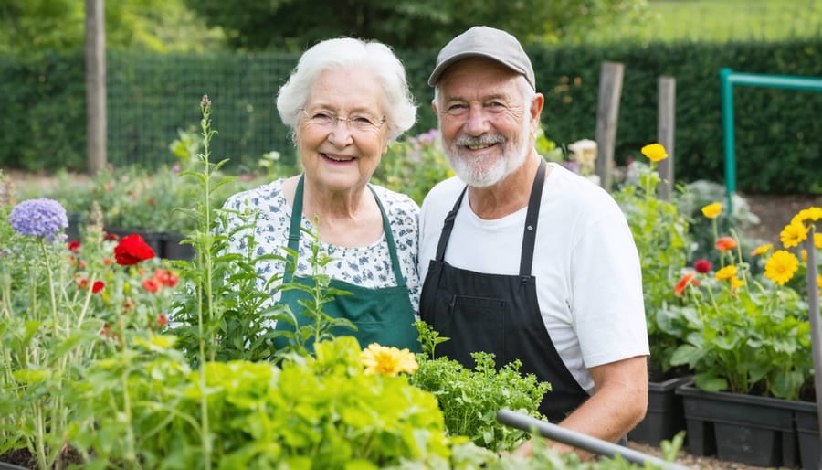 Elderly couple working together with diverse group of people in a community garden, sharing knowledge and socializing