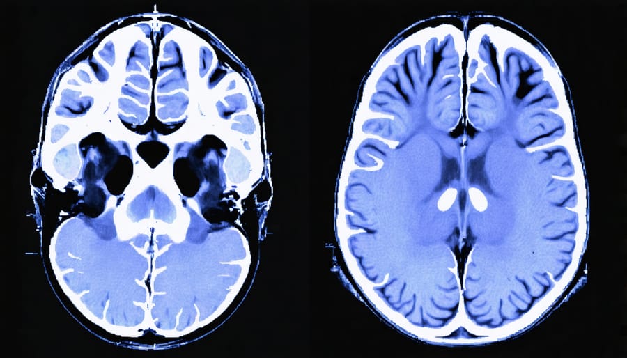 Split image comparing brain activity patterns in rested versus sleep-deprived brain