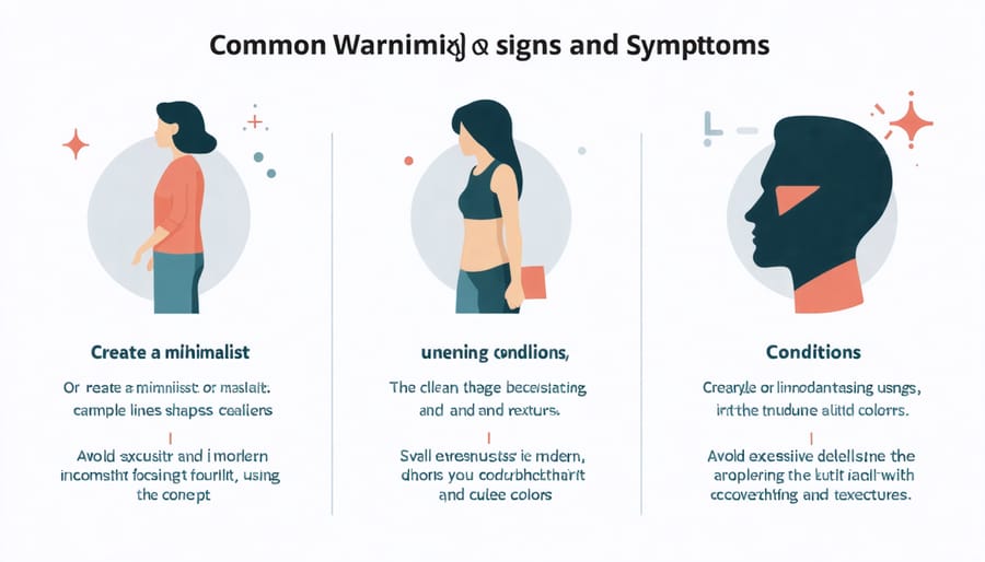 Visual representation of key medical warning signs including chest pain, shortness of breath, and chronic fatigue