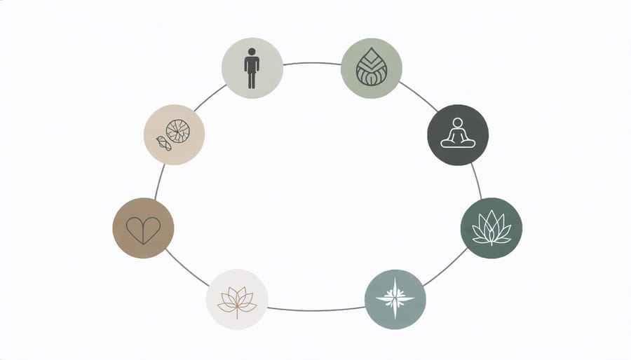 Infographic showing seven connected circles representing physical, mental, social, spiritual, environmental, occupational, and financial wellness