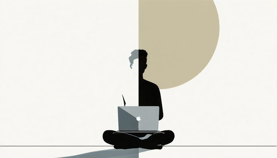 Side-by-side image of person working on laptop and practicing mindfulness meditation