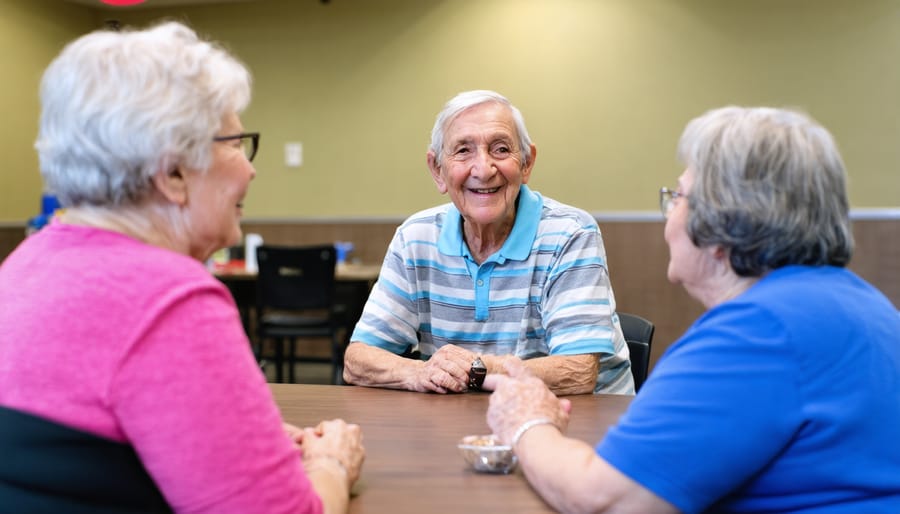 Group of older adults engaging in friendly conversation in YMCA lounge area