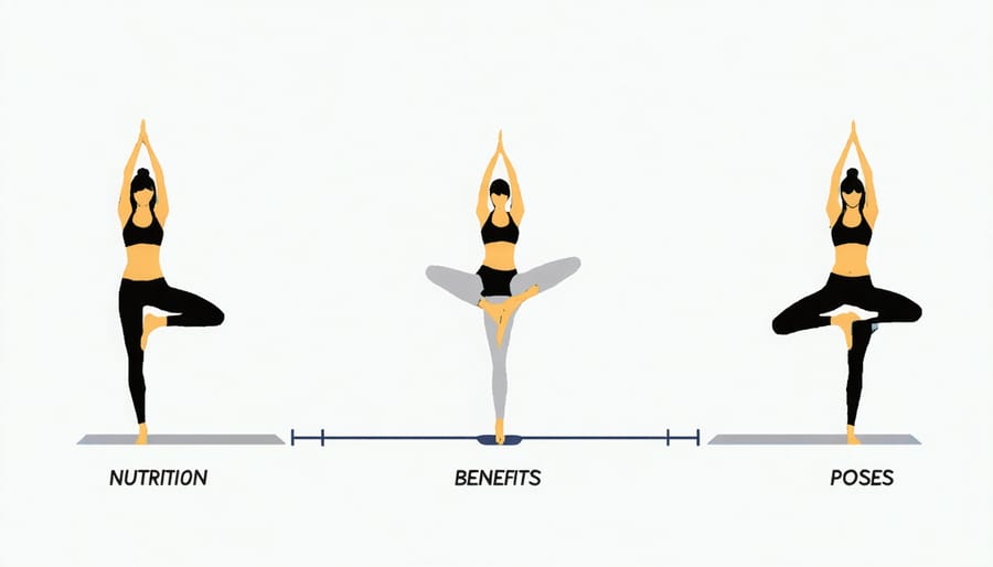 Visual diagram connecting specific yoga poses with their corresponding nutritional and health benefits